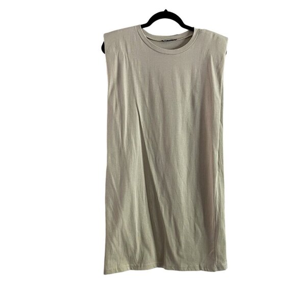 Zara Women S Stone Cotton Modern Minimalist Shoulder Pads Sleeveless Mini Dress - Picture 2 of 8